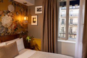 double room hotel Paris window open, flower fabric